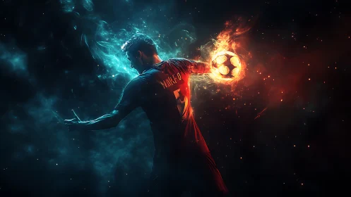 Dynamic footballer silhouette controls flaming ball in dual-color haze