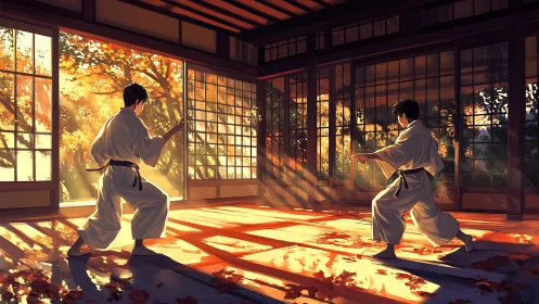 Autumn dojo duel bathed in amber light and quiet resolve.