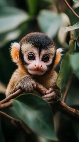 Juvenile squirrel monkey portrait on branch, shallow depth focus