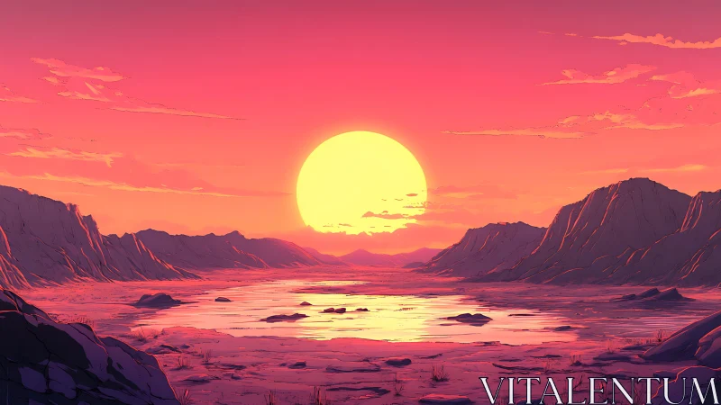 Crimson desert sunset over reflective valley lakescape.