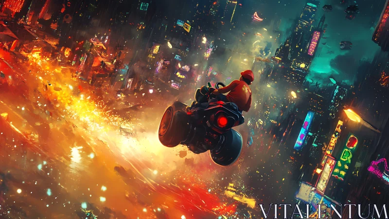 Motorcyclist moves through dense neon-lit futuristic cityscape
