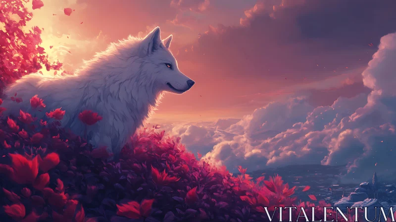White wolf above crimson valley under glowing sunset sky.