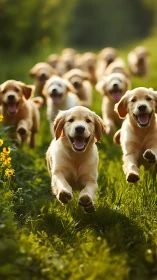 Golden retriever puppies sprint through sunlit meadow