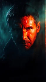 Moody cyberpunk portrait glows in harsh neon rain