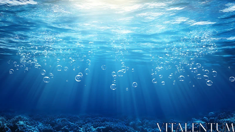 Sunlit underwater bubbles drift through clear blue ocean.