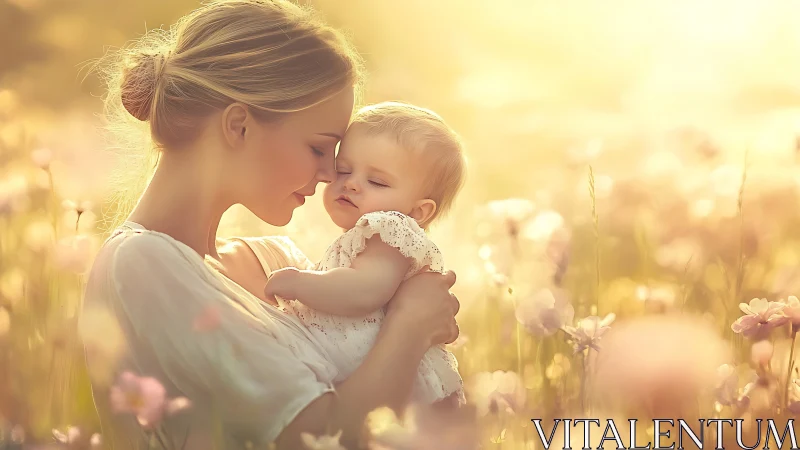 Tender mother holding baby in sunlit field, soft pastel style.