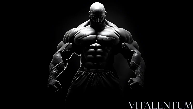 Powerful muscular figure in stark black and white lighting.