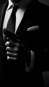 Suit-clad torso holds handgun in controlled, low-key lighting