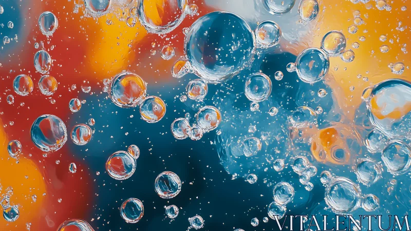Oil droplets are suspended in liquid against multicolor field