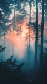 Mystic Forest Awakens. Silhouetted Pines Pierce Luminous Mist.