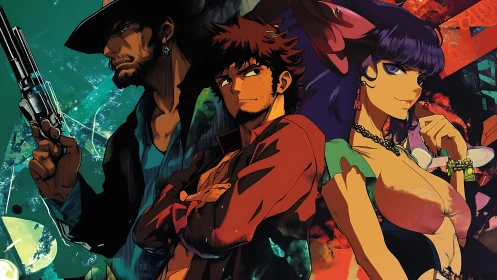 Neo-western anime trio in saturated chromatic contrast.