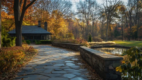 Stone path, pond and cabin in a wooded autumn landscape.