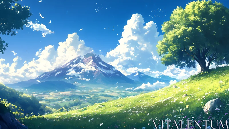 Sunlit hillside meadow opening toward distant mountain dreams.