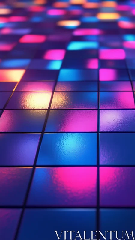 Glossy tiled surface reflects multicolored rectangular lights