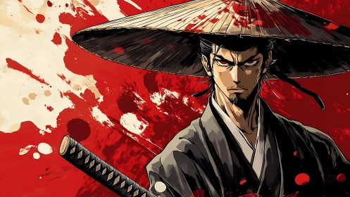 Ronin swordsman stares through blood-red chaos in defiance