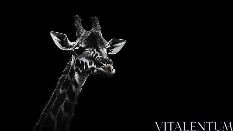 High-contrast giraffe portrait on deep black negative space.