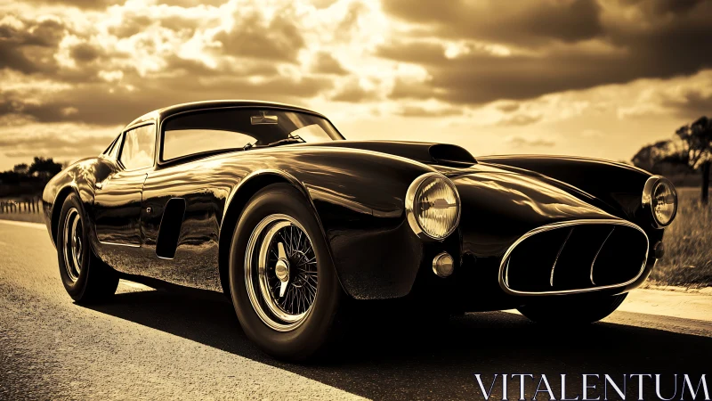 Sepia-toned classic sports car rendered in cinematic low angle