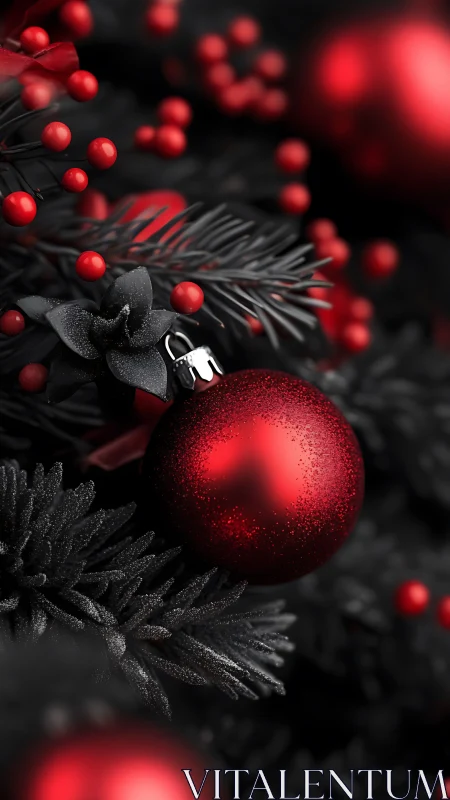 Red Christmas bauble hangs on dark fir branches in focus