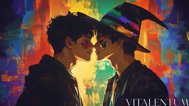 Two young men facing closely against rainbow backdrop.