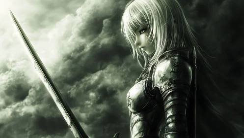 Monochrome anime knight in ornate plate armor, sword drawn