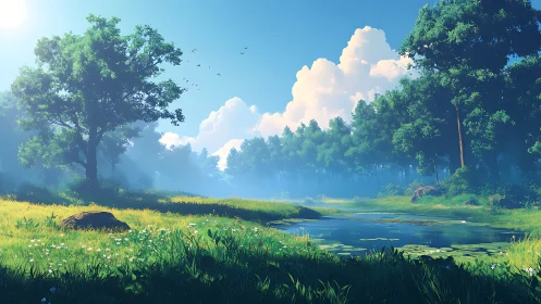 Sunlit forest pond with vivid summer meadow glow.