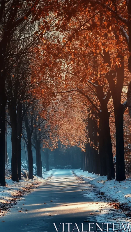 Snow lined winter avenue under rust orange deciduous canopy