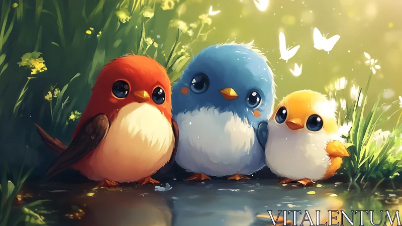 Three Cute Cartoon Birds in a Lush Garden, Soft Pastel Illustration.