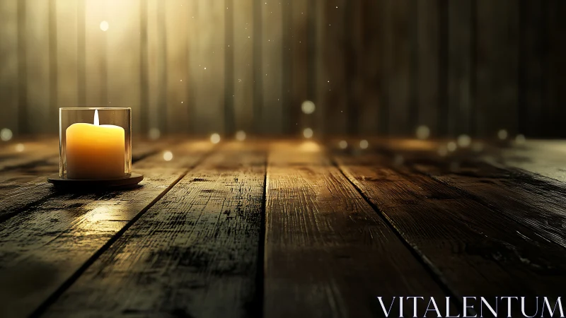 Single candle on wooden floor in warm dim light.
