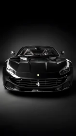 Photorealistic frontal portrait of black luxury sports car.