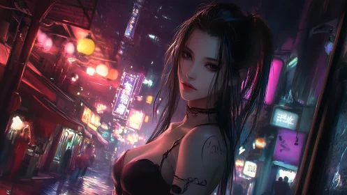 Noir street siren under neon reflections in cyber alleyway.