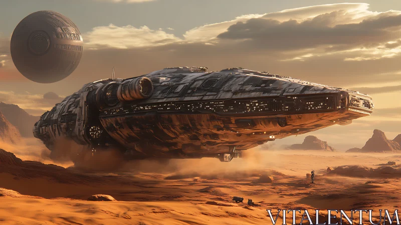 Cinematic sci-fi starship landing over windswept desert plain.