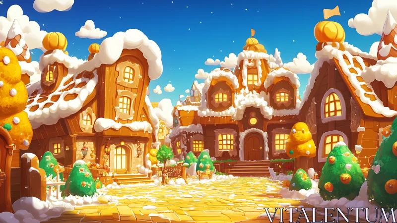 Sugary rooftops bask as a gingerbread village glows at dusk