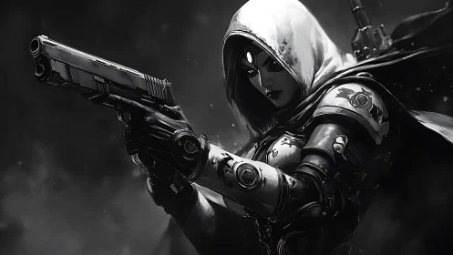 Hooded cyber huntress aiming pistol in monochrome void.