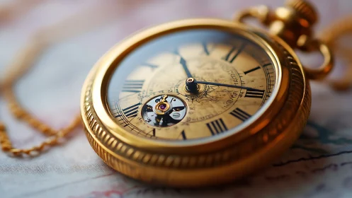 Vintage gold pocket watch rests in warm, softly blurred light.