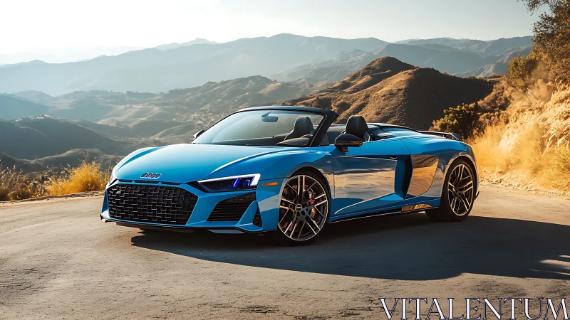 Blue Audi convertible sports car on mountain highway at sunset.