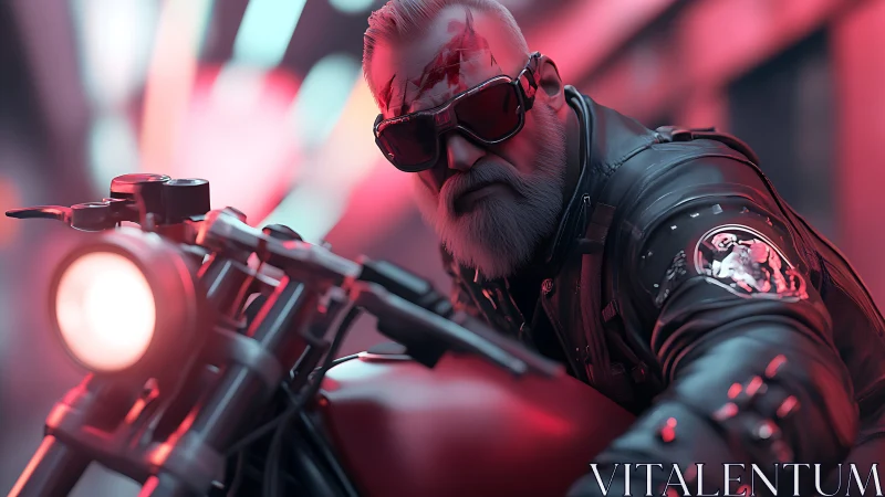 Cyberpunk biker portrait in neon corridor, shallow focus rendering.