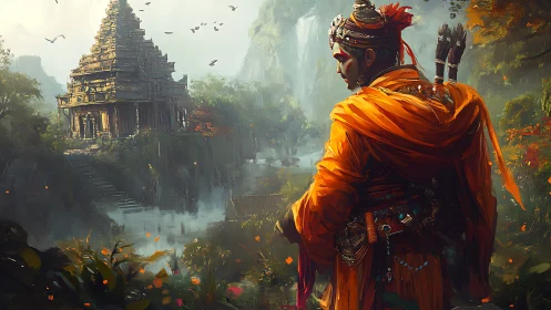 Figure observes stepped stone temple amid dense river valley