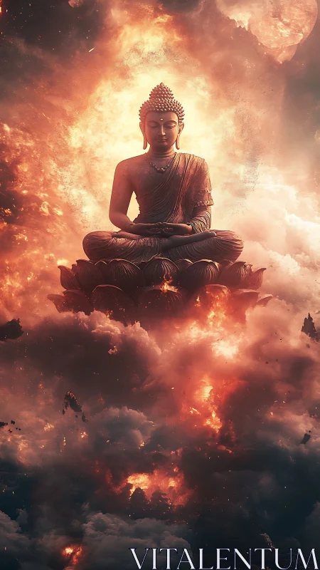 Serene sky Buddha resting in a storm of glowing clouds.
