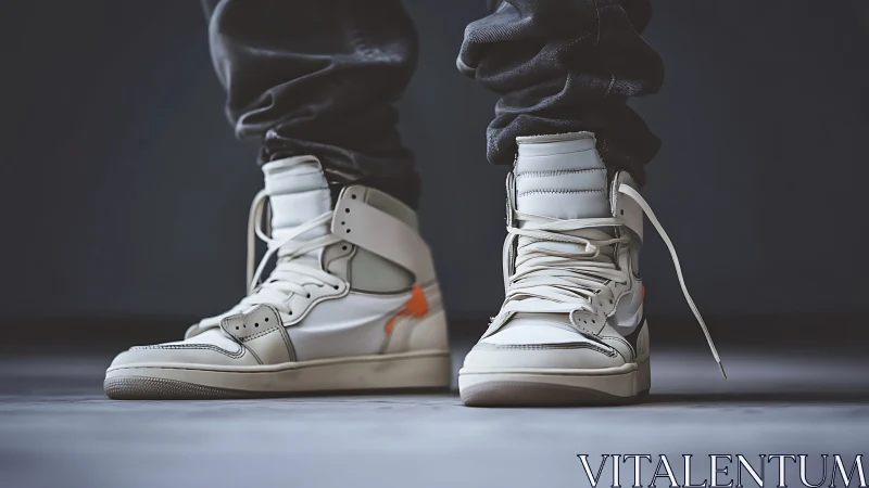 High-top sneakers stand out in moody urban studio light.