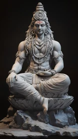 Serene stone deity sits in meditation with graceful detail