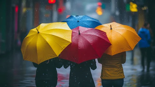 Three people walk under umbrellas in a wet urban street