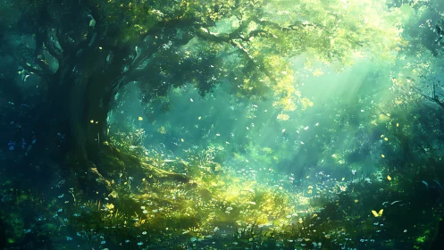 Luminous forest canopy with diffused light penetration