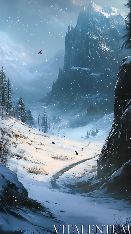 Snowy mountain valley with winding trail and distant wolves.