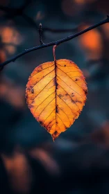 Single amber leaf glows against deep blue autumn bokeh.