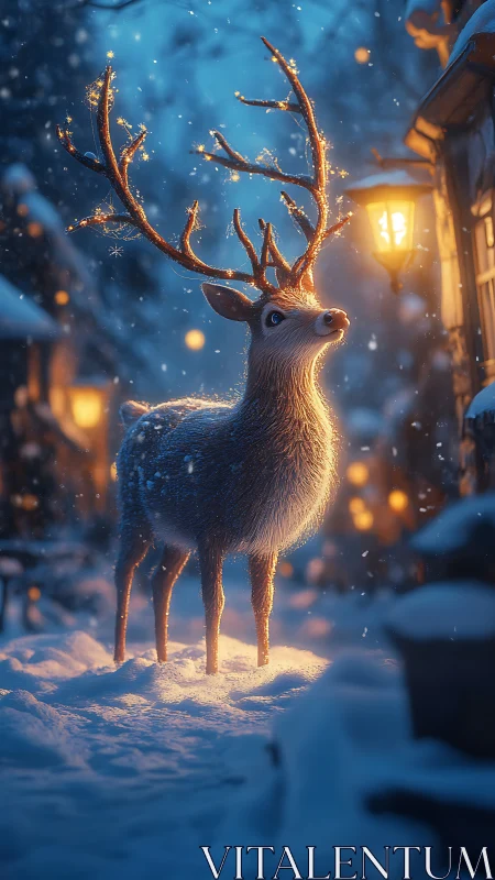Reindeer stands in snow under warm street lantern light
