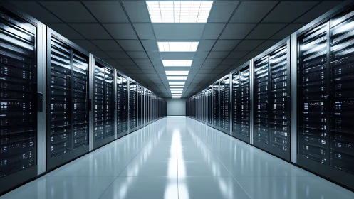 Cool quiet corridor of softly glowing data servers at work.