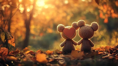 Teddy Bears Hold Red Heart in Golden Autumn Forest.
