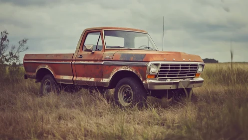 Weathered 1970s orange Ford pickup truck in overgrown prairie field