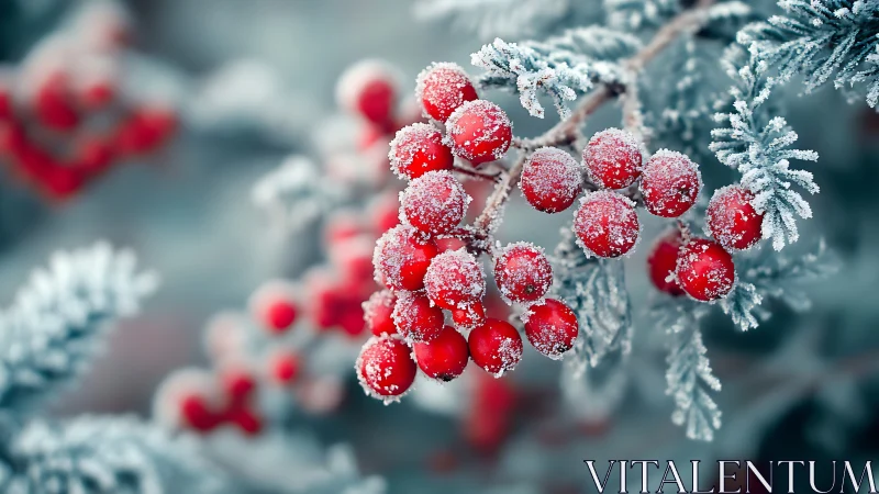 Frosted red berries glow against soft winter evergreen bokeh