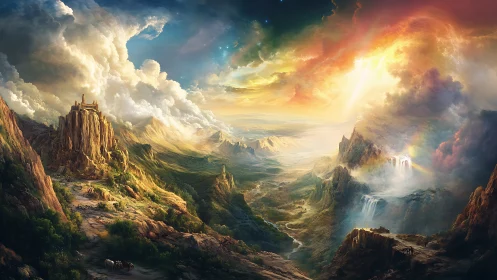 Fantasy mountain kingdom under radiant storm sky.